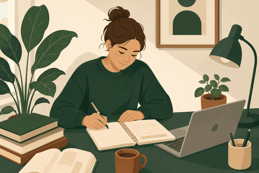 Illustrasjon av en student som skriver i en budsjettbok ved skrivebordet, med kaffekopp, bærbar PC og en potteplante i nærheten.