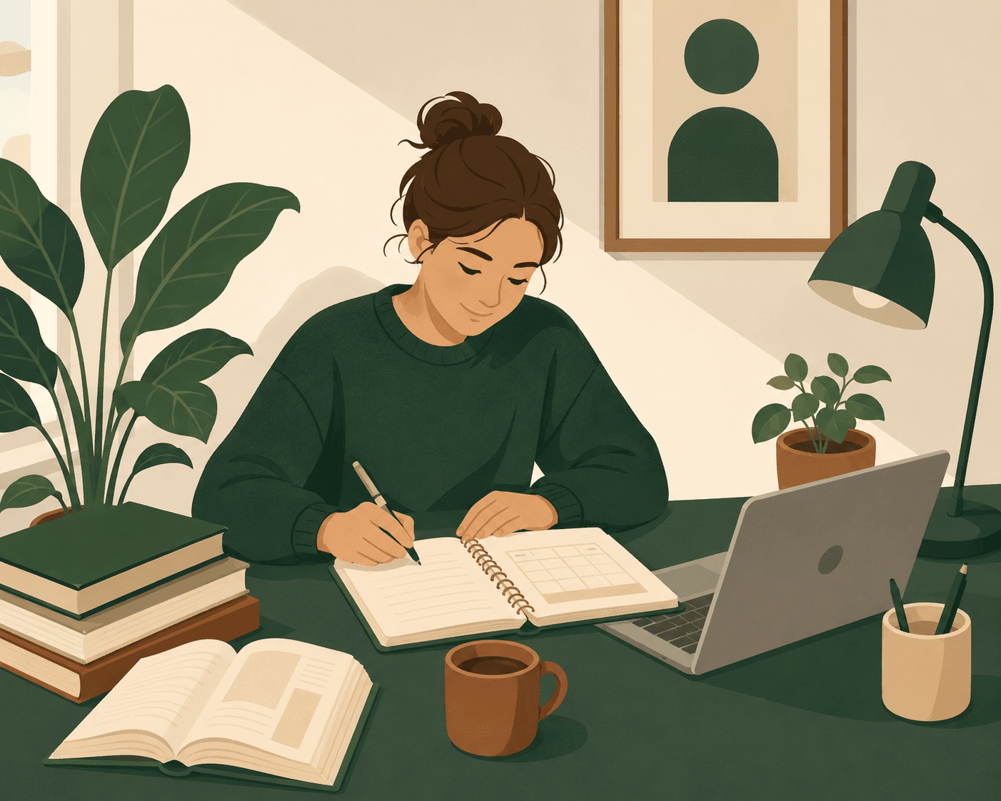 Illustrasjon av en student som skriver i en budsjettbok ved skrivebordet, med kaffekopp, bærbar PC og en potteplante i nærheten.