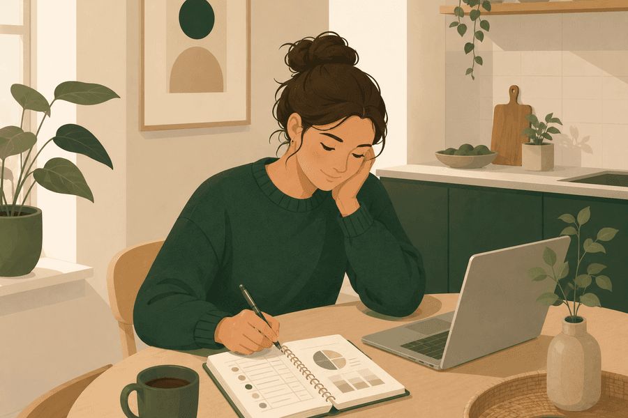 Illustrasjon av en person som sitter ved kjøkkenbordet med en notatbok, kaffekopp og bærbar PC, og skriver opp et budsjett.