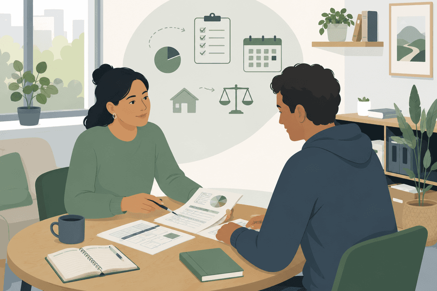 Illustrasjon av en økonomisk veileder som sitter ved et bord sammen med en deltaker og går gjennom budsjettark og økonomiske notater. Rundt dem vises enkle symboler for planlegging, kalender, sjekkliste og økonomisk oversikt. Bildet har rolige grønne og blågrå toner og formidler trygg, praktisk og støttende økonomisk veiledning i et moderne nordisk miljø.