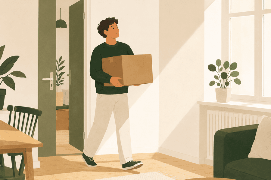 Illustration of a young person carrying a moving box into a bright, minimalist apartment with sunlight and a small houseplant, symbolizing a new beginning and moving into a new home.